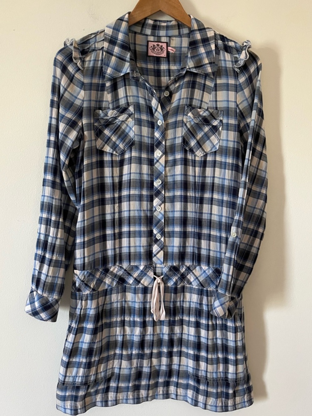 Juicy Couture Y2K Plaid Mini Shirt Dress ASO Katie Holmes 2010 Ruffles Pleats 2